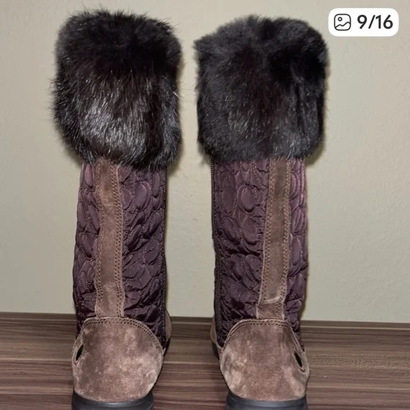 Coach Talen Brown monogram, rabbit Black Fur-Trimmed Boots - Picture 7 of 12